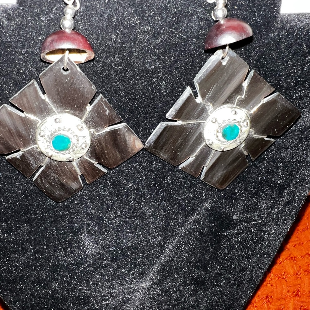 Elegant large  Black Turquoise and Silver Earrings